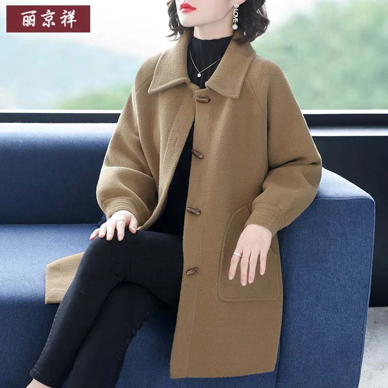 时尚妈妈春装双面呢外套中长款洋气中老年人呢子风衣阔太太秋冬女