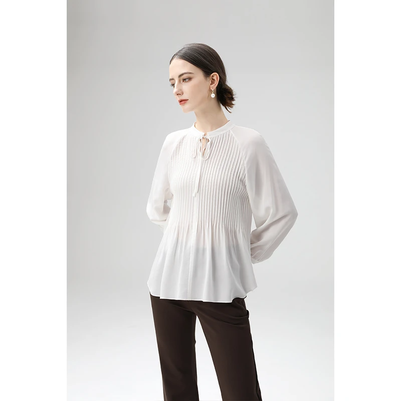 建宏绉桑蚕丝白色衬衫2025春季新款时尚显瘦气质系带圆领女士上衣