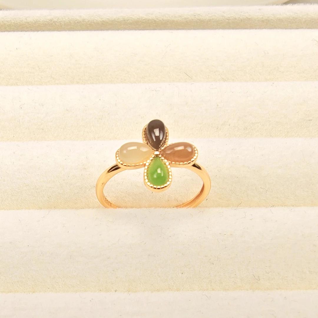 S925银和田玉多宝四叶草幸运戒指开口可调节女款圈口戒圈