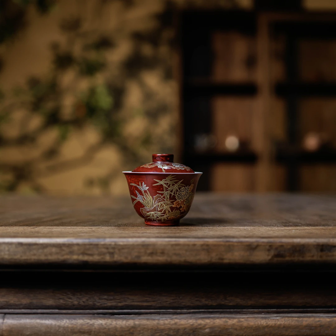 纳兰 玉泥两才盖碗红透（手绘四君子）R8.3cm（林剑军0186）