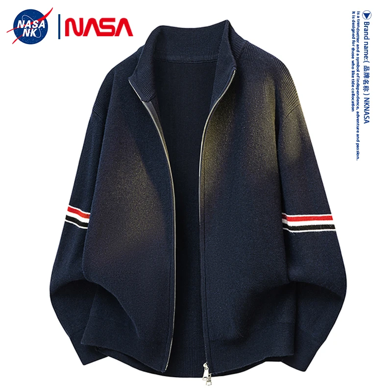 NASA联名美式高街条纹针织毛衣男士秋冬季拼接条纹慵懒高级风外套