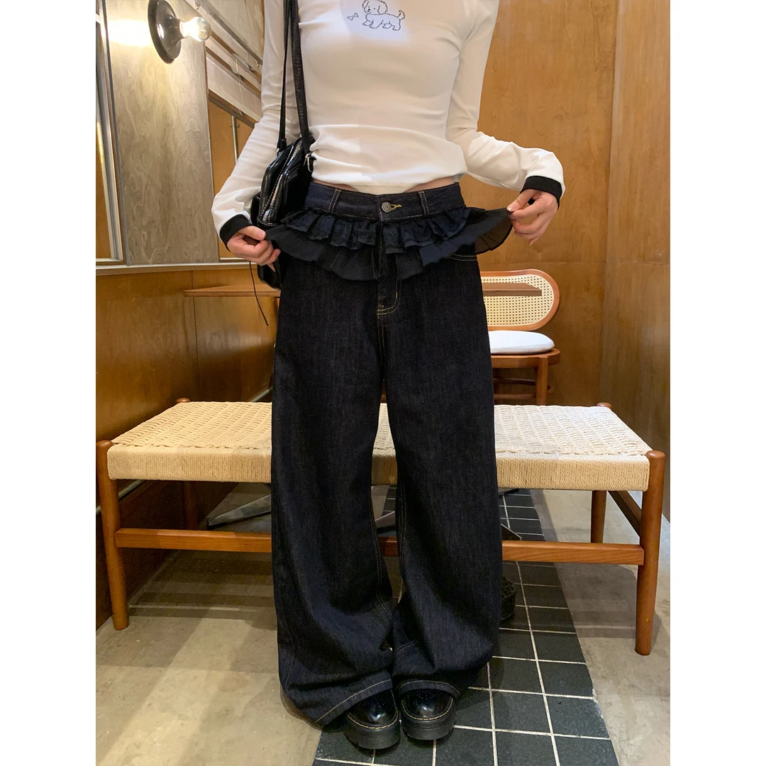 深蓝色牛仔裤女花边拼接腰头秋季韩系高腰直筒裤宽松拖地裤ST2182