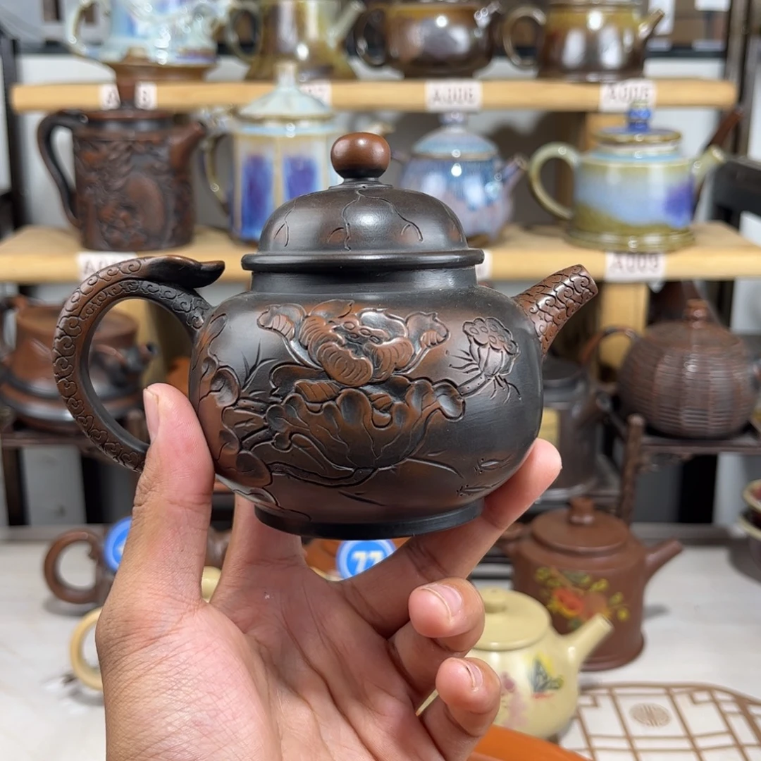 建水紫陶220cc浮雕荷花壶，建水紫陶传承全手工制作