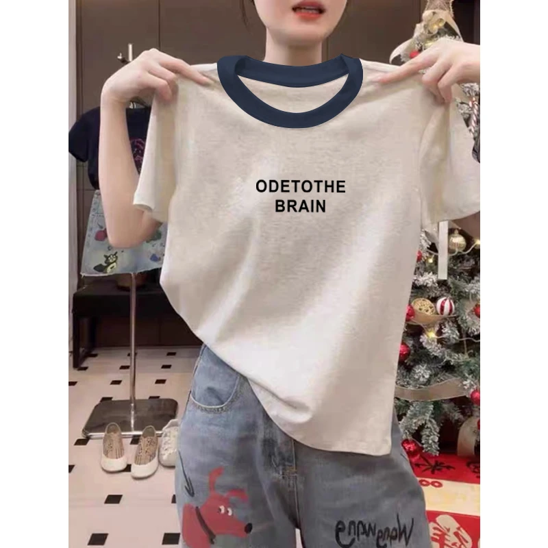 2025新款正肩纯棉短袖t恤女ins休闲百搭插色洋气撞色灰色上衣夏季