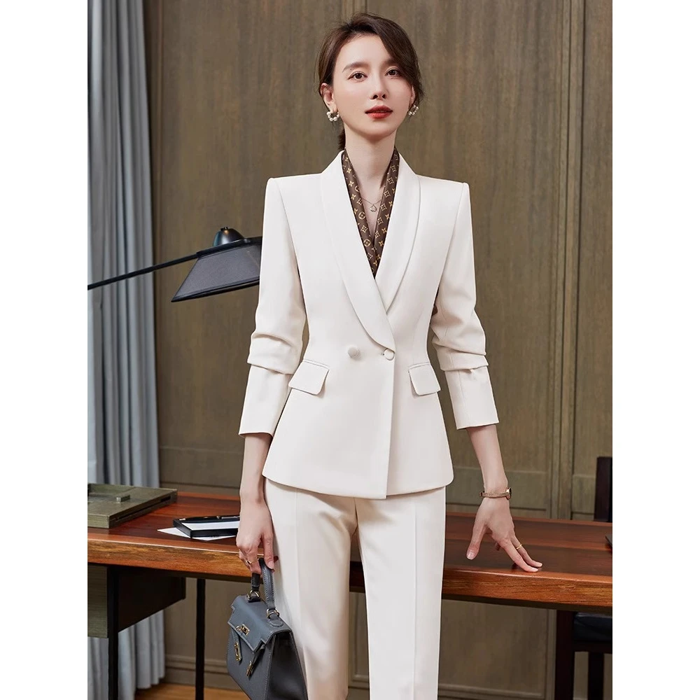 高级感米色西装女春秋时尚气质修身职业套装长裤西服外套商务正装