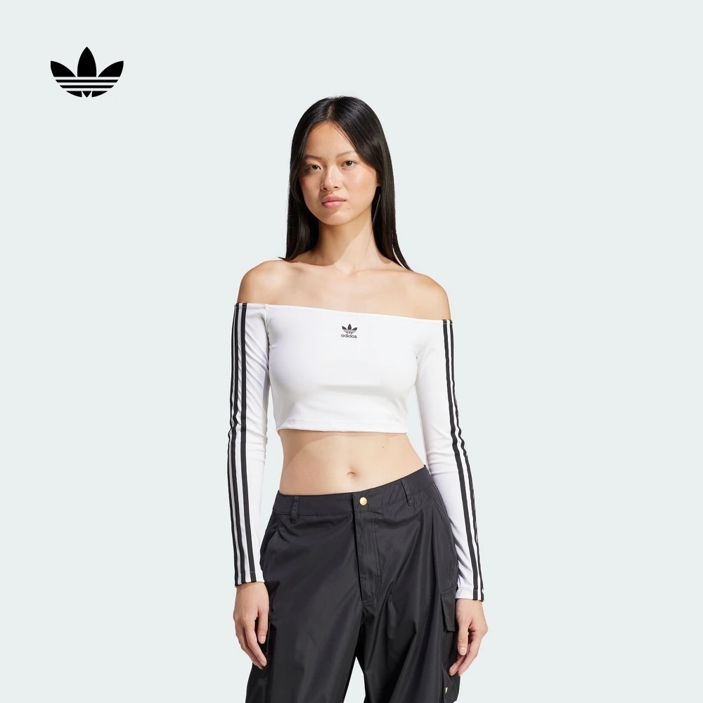 阿迪达斯三叶草 经典三条纹短款一字肩长袖T恤女春夏新款 JD0275