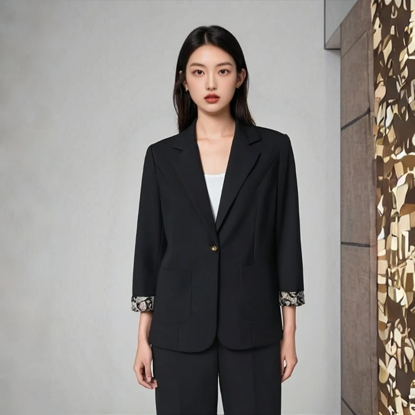 【琪】剪标秋品牌折扣复古拼接印花卷边袖西装&九分西裤套装女士079