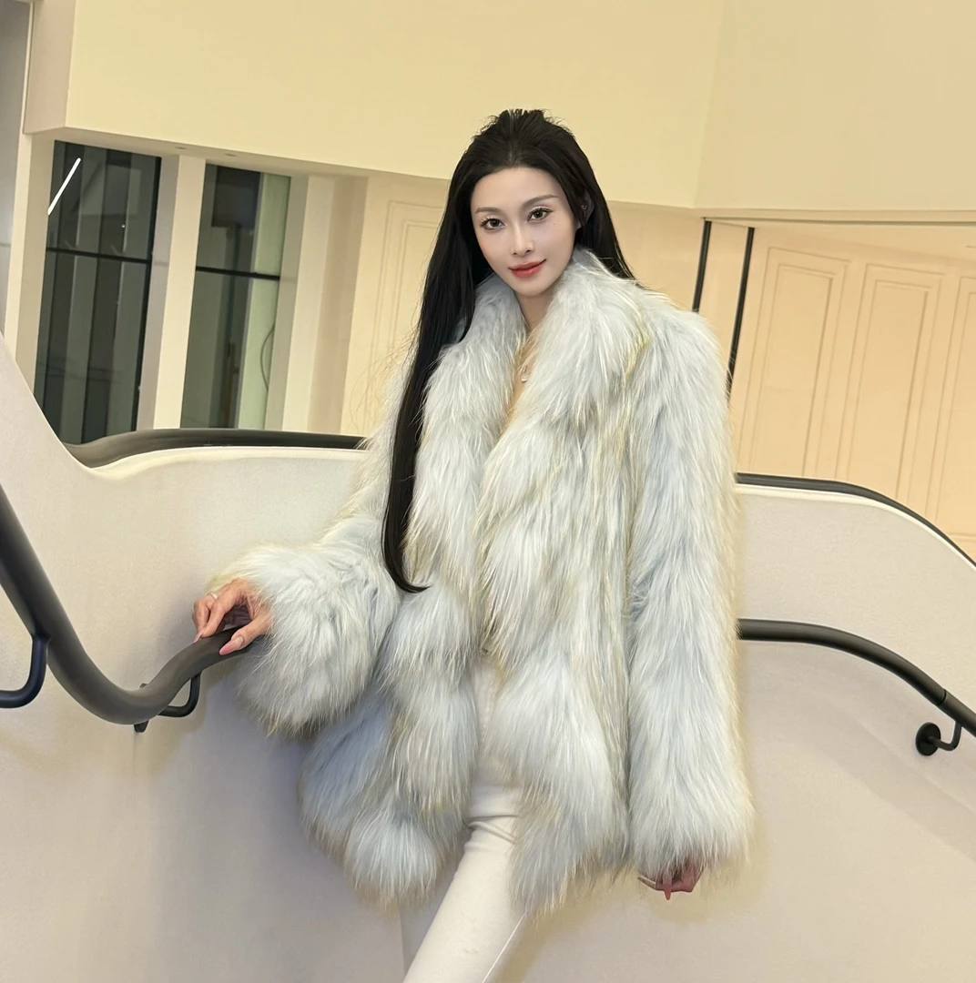 日落甜酒•美洲貉荷叶边领编织工艺皮草女外套