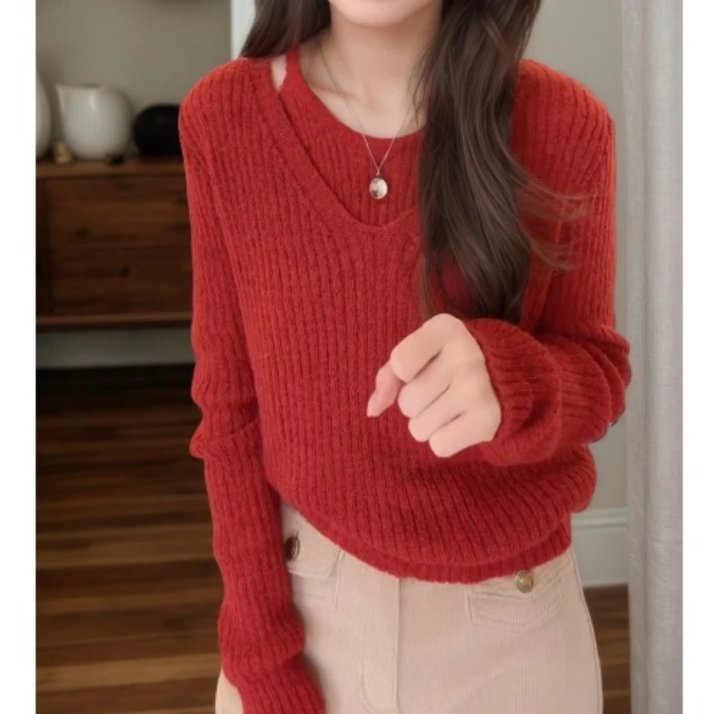 冬季新款时尚设计感假两件v领毛衣洋气显瘦长袖针织衫LK2508848