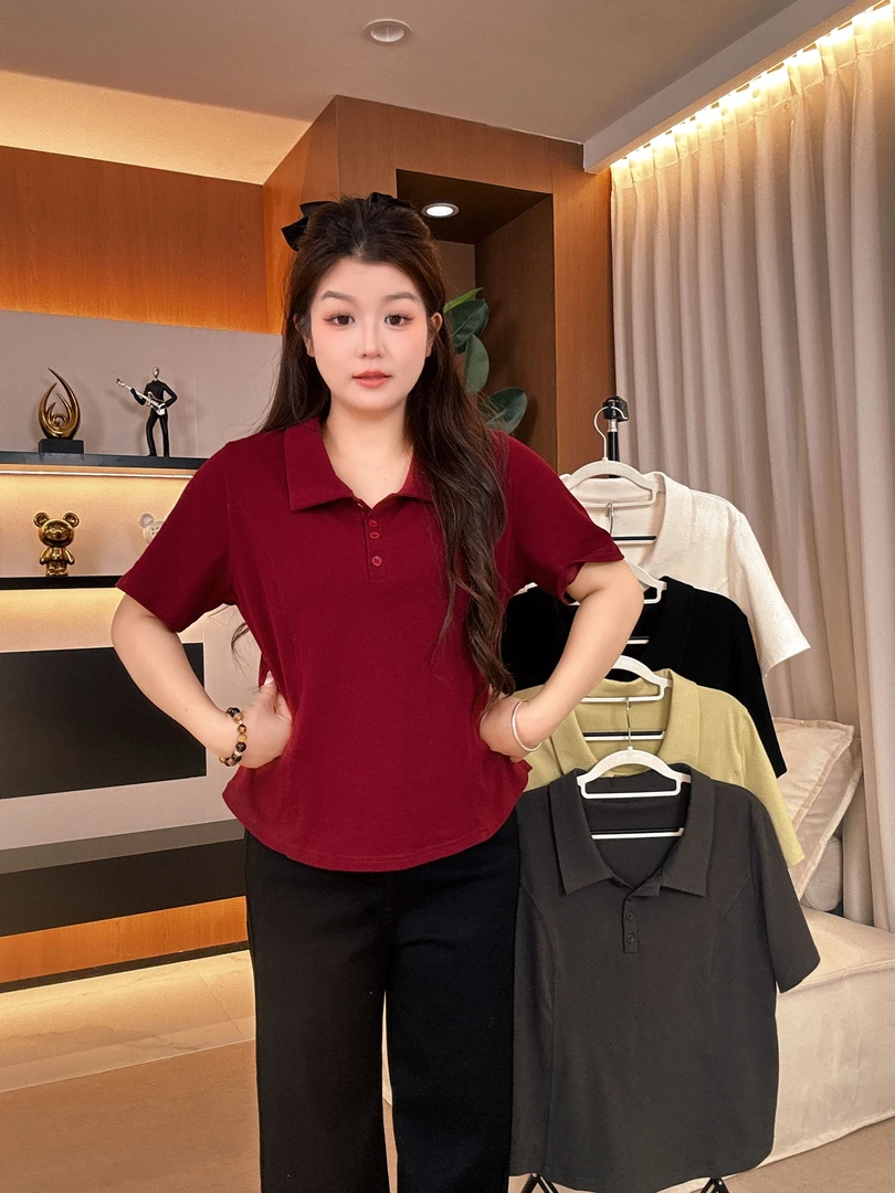 【晓晓1】大码纯色正肩polo领短袖t恤夏季微胖mm宽松显瘦不规则上衣