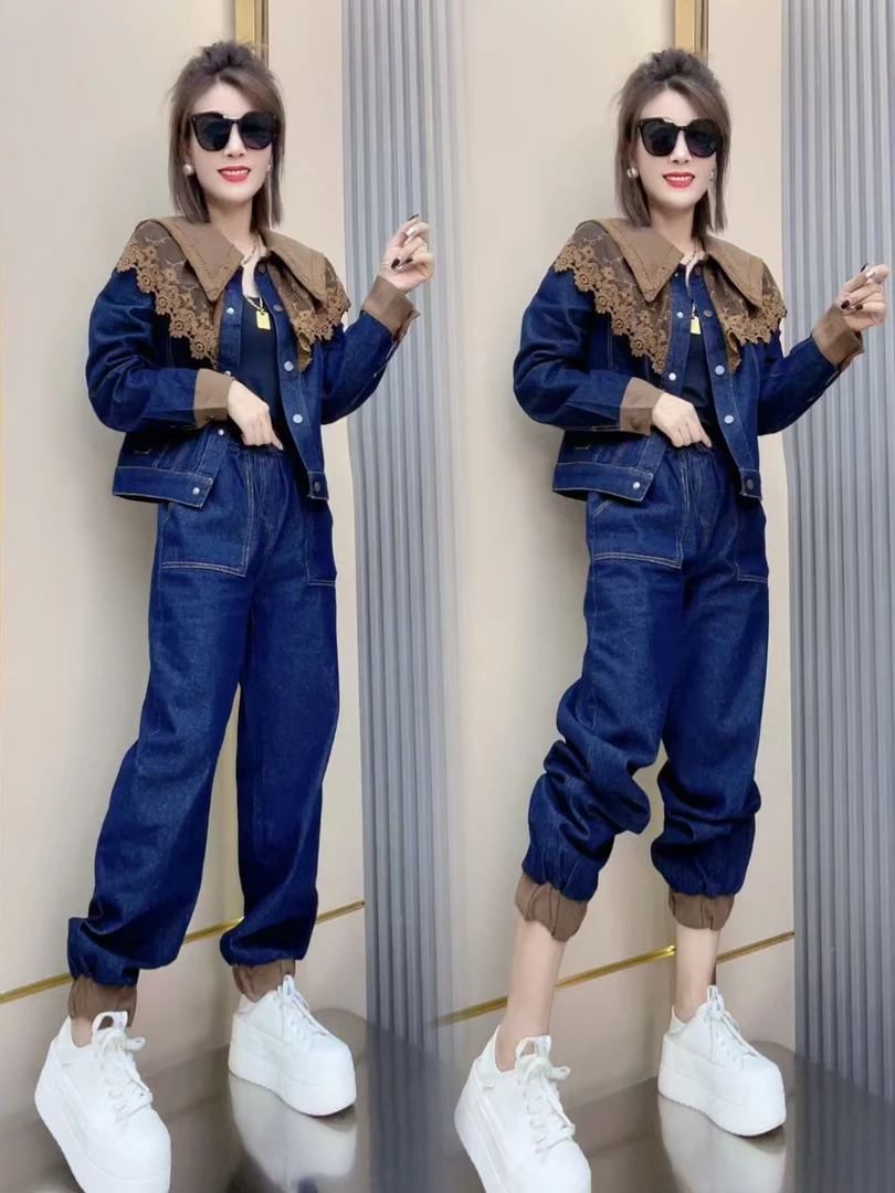 洋气蕾丝拼接披肩牛仔两件套