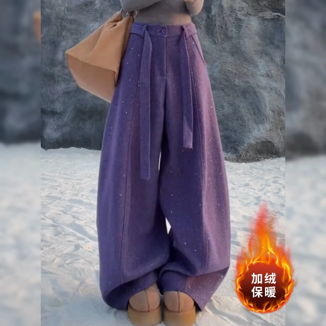 冬季新款毛呢亮片加绒休闲裤大码女装宽松显瘦洋气时髦减龄阔腿裤