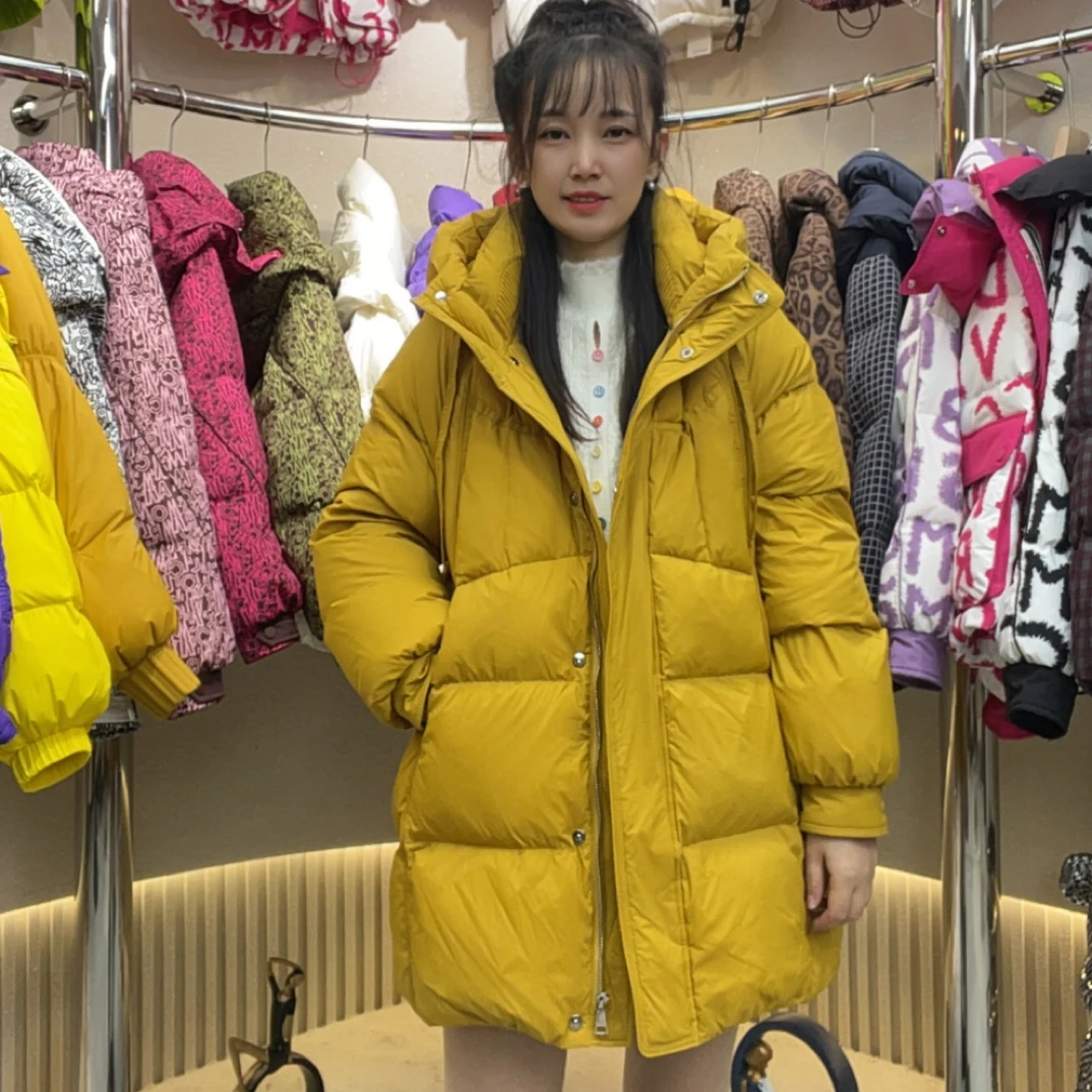 冬季新款连帽中长款加厚保暖90白鸭绒时尚休闲百搭女士真羽绒服