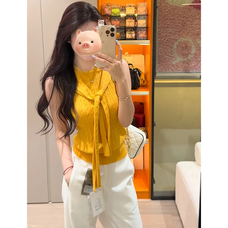 黄色麻花冰丝针织吊带背心女夏外穿修身显瘦辣妹短款叠穿无袖上衣