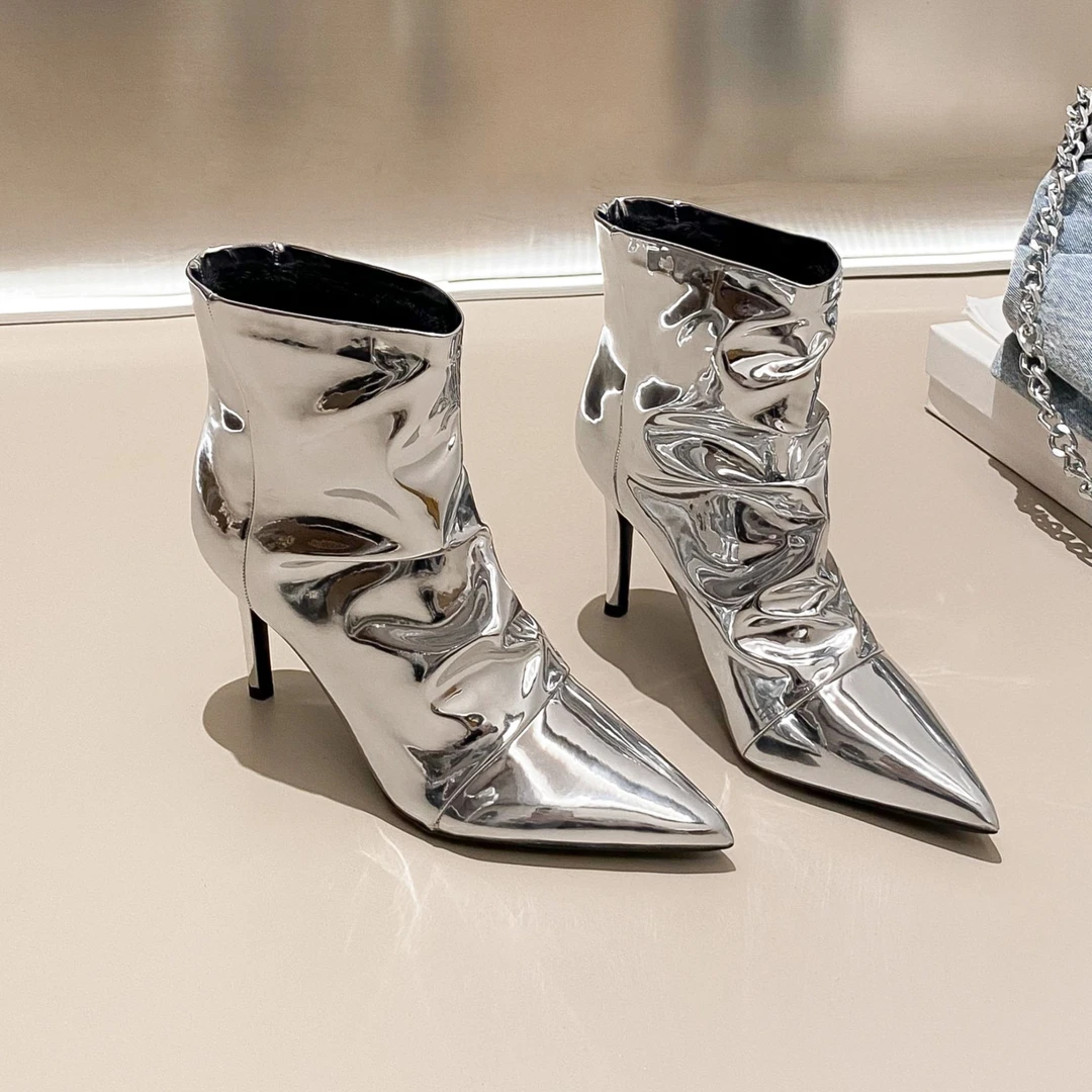 辣妹银色高跟褶皱靴子气质尖头细跟中筒靴女小个子裤管短靴子秋冬