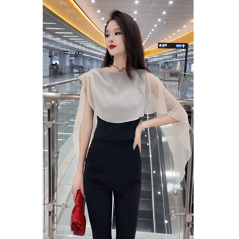 格润雅2025夏季轻奢时髦设计感拼接收腰上衣气质女神范高腰喇叭裤