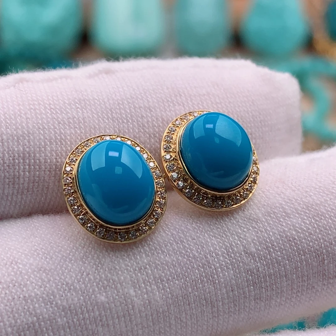 绿松石珠宝奇石18K金镶嵌耳钉