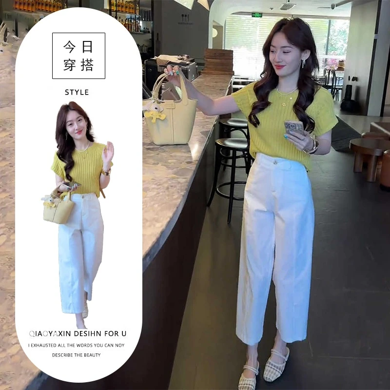 夏季女时髦时尚洋气套装韩系温柔风短袖上衣高腰休闲裤小众两件套
