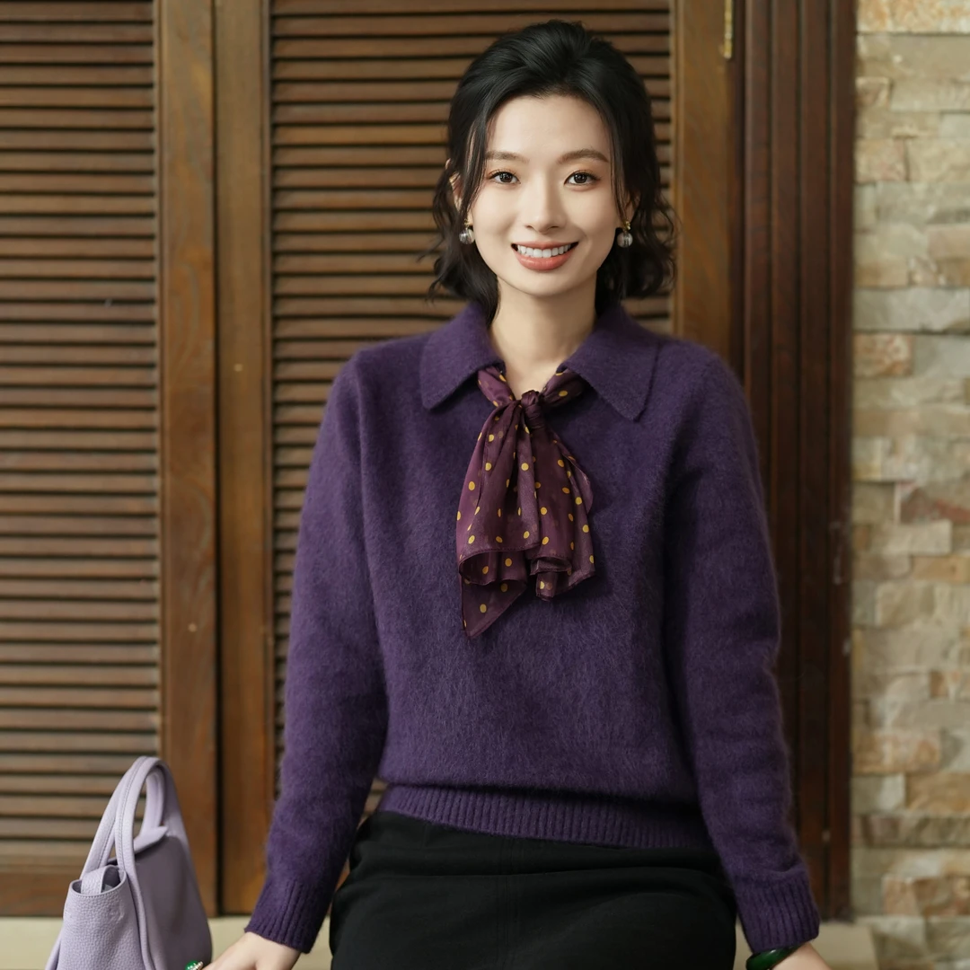 西子/【暮野】100牦牛绒拉绒精致翻领钉珠针织衫/MSTJ0776