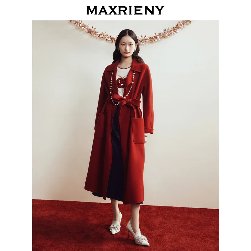 【毛毛专属】MAXRIENY新年红绵羊毛大衣优雅绑带毛呢外套冬