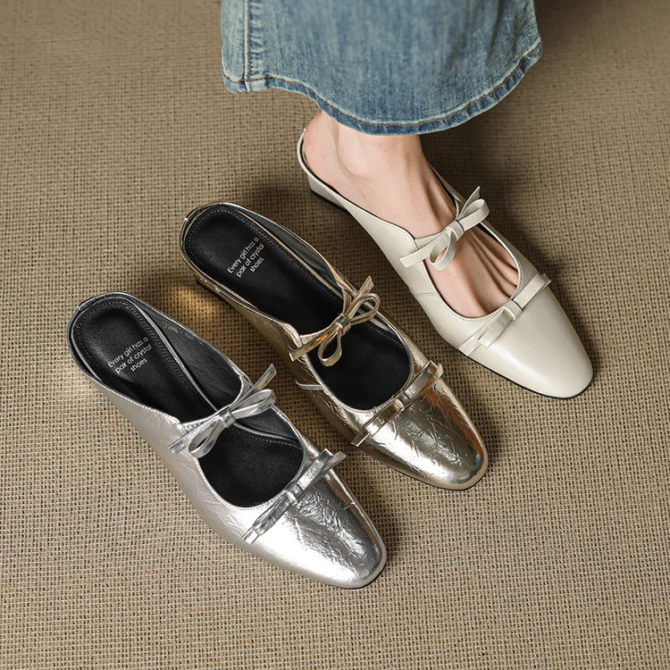 （严选）中跟蝴蝶结包头坡跟胶粘鞋包头拖春季复古海妖风森系2266