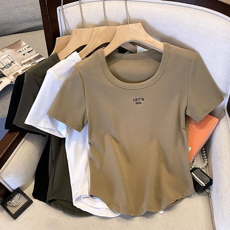 W2326 正肩短袖T恤女夏新款刺绣修身显瘦设计感纯欲甜美薄款上衣