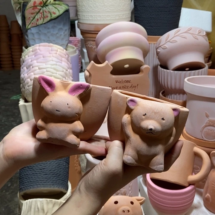 11×8彩绘小兔子+小熊盆 粗陶2个