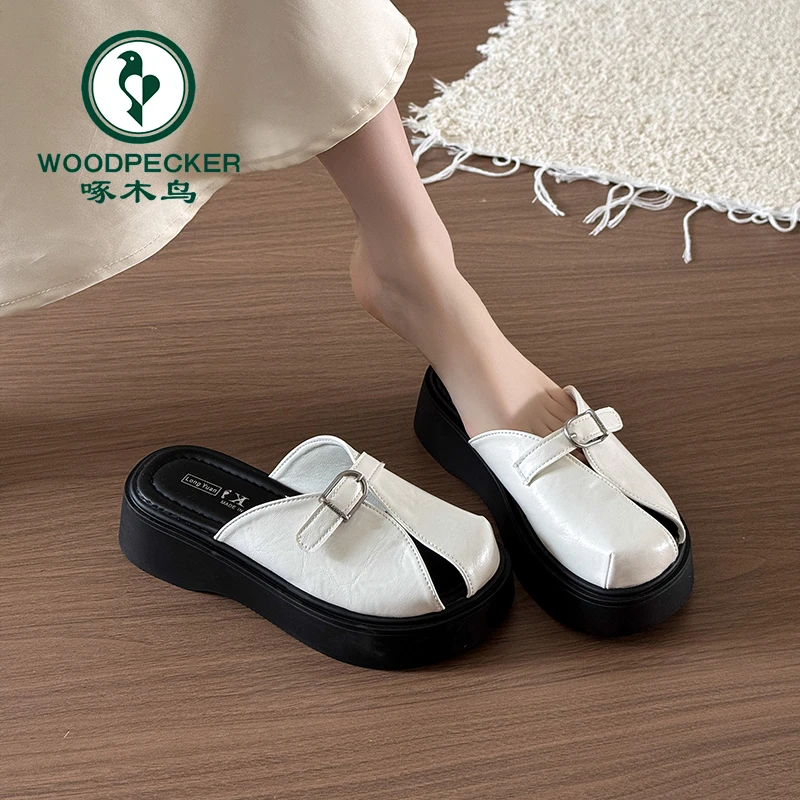 啄木鸟厚底包头半拖鞋女外穿2025新款夏季百搭休闲软底凉拖鞋