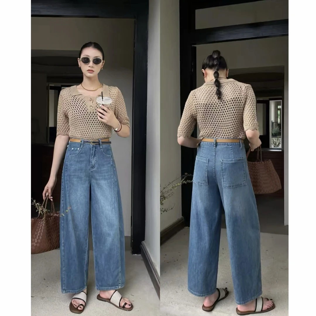 玳妮【腰果花镰刀裤】夏季 高腰拼缝牛仔镰刀裤 提花百搭九分牛仔裤