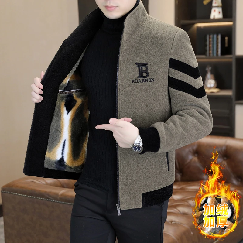 2025男士品质立领毛呢外套刺绣拼接加绒加厚休闲百搭保暖外套D619