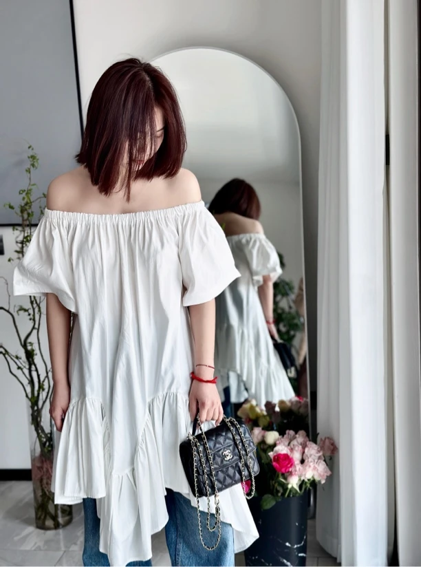 【Forever sun】小众设计款不规则下摆一字肩连衣裙