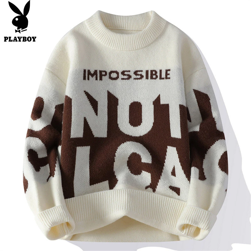 花花公子男士毛衣休闲宽松圆领潮流百搭秋冬季新款撞色打底针织衫