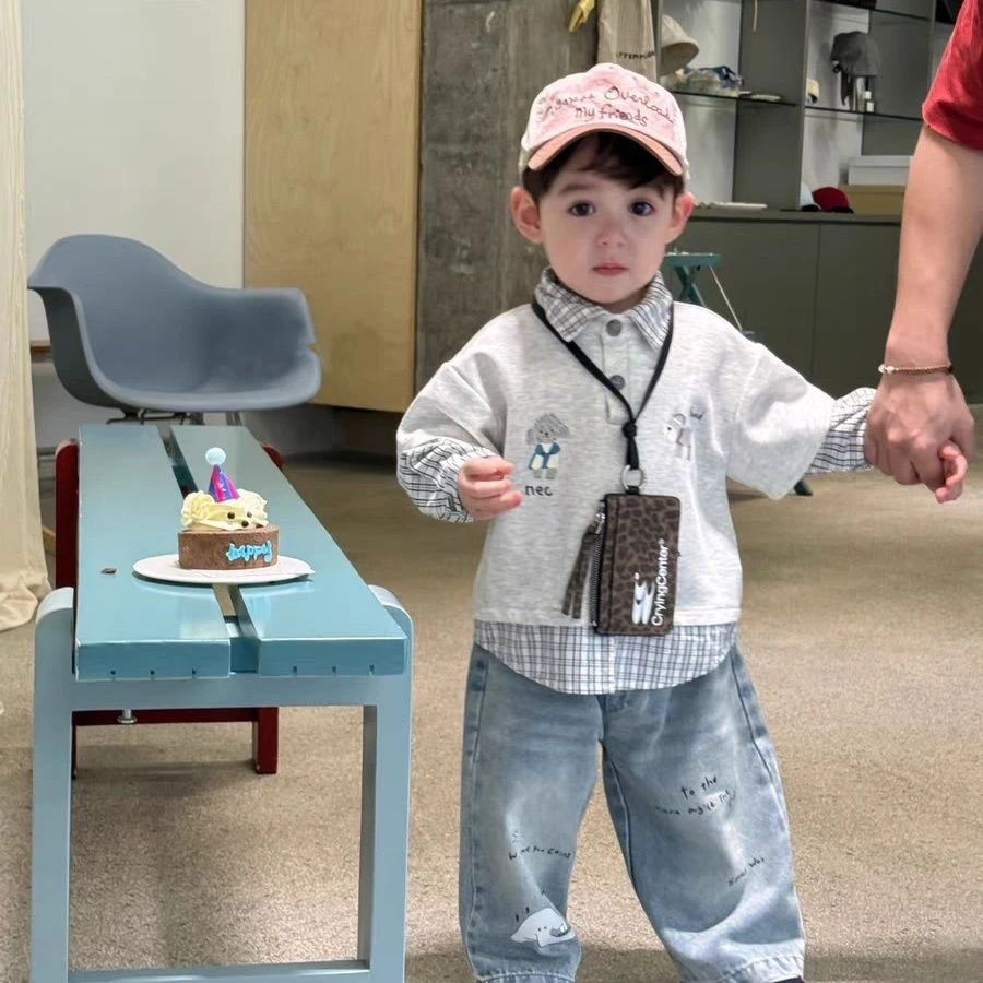 男童套装秋季2025假两件长袖衬衫牛仔裤中小童宝宝好看百搭外穿