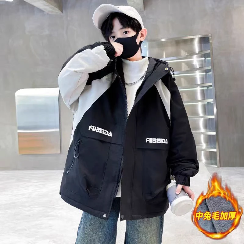 502048 童装男童棉服2025冬款兔毛加棉加厚连帽棉衣宝宝潮酷上衣