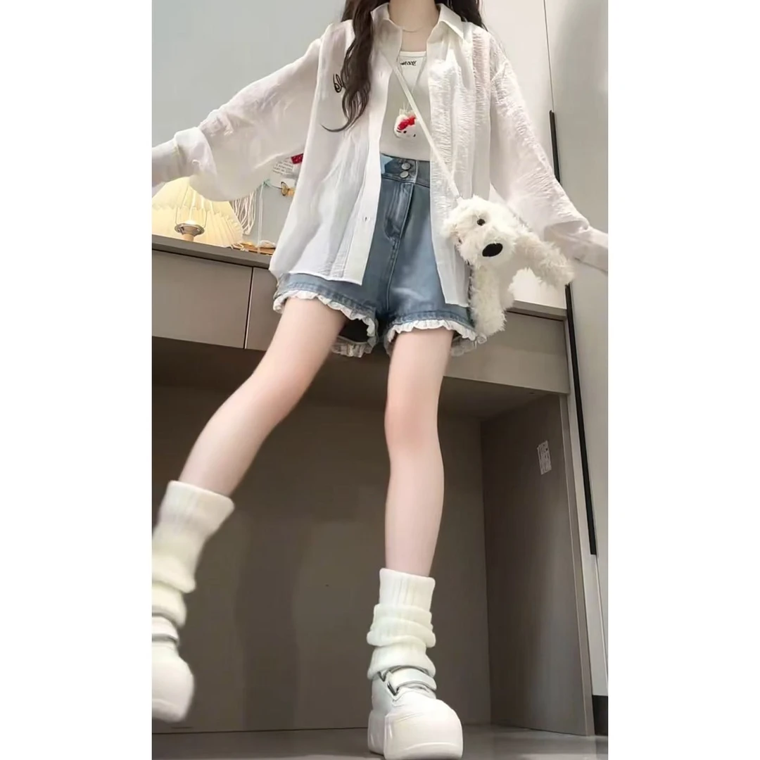 2025夏穿搭一整套女新款韩系减龄吊带防晒衬衫显瘦短裤三件套