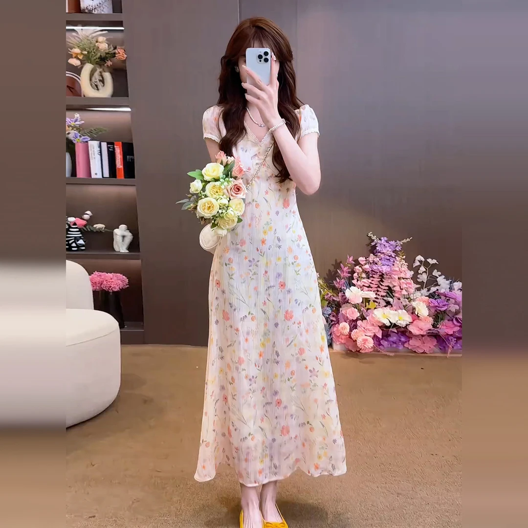 哥弟阿玛施正品法式气质高级感显瘦碎花短袖连衣裙子女夏季2025新