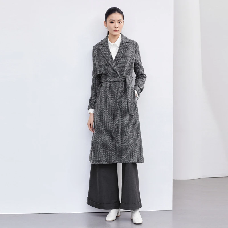 圣迪奥女装时尚气质西装领收腰肌理毛呢长款大衣S223Z1857