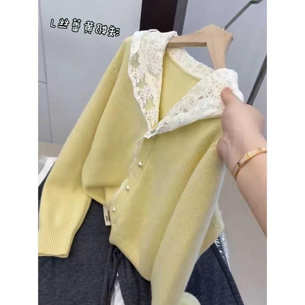 甜美纯色连帽针织开衫秋冬季设计感蕾丝拼接毛衣打底衫别致上衣女