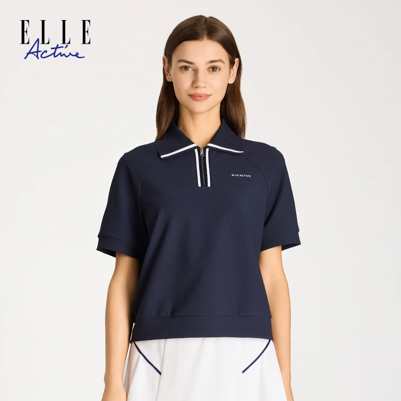 ELLE Active夏季新款运动休闲POLO衫短袖翻领拉链宽松百搭上衣女