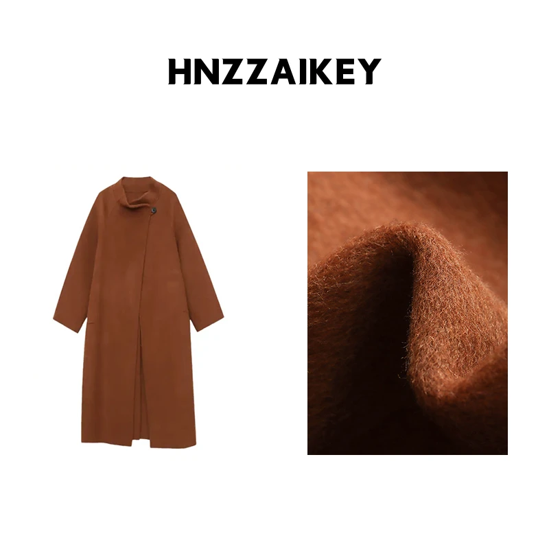 HNZZAIKEY 慵懒风立领廓形插肩袖双面呢羊毛大衣长款外套 MQ0916