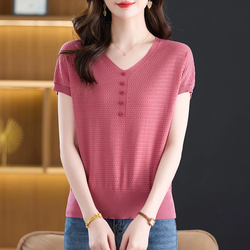 v领夏季休闲风外搭镂空毛针织衫女洋气条纹短袖气质薄款大码上衣