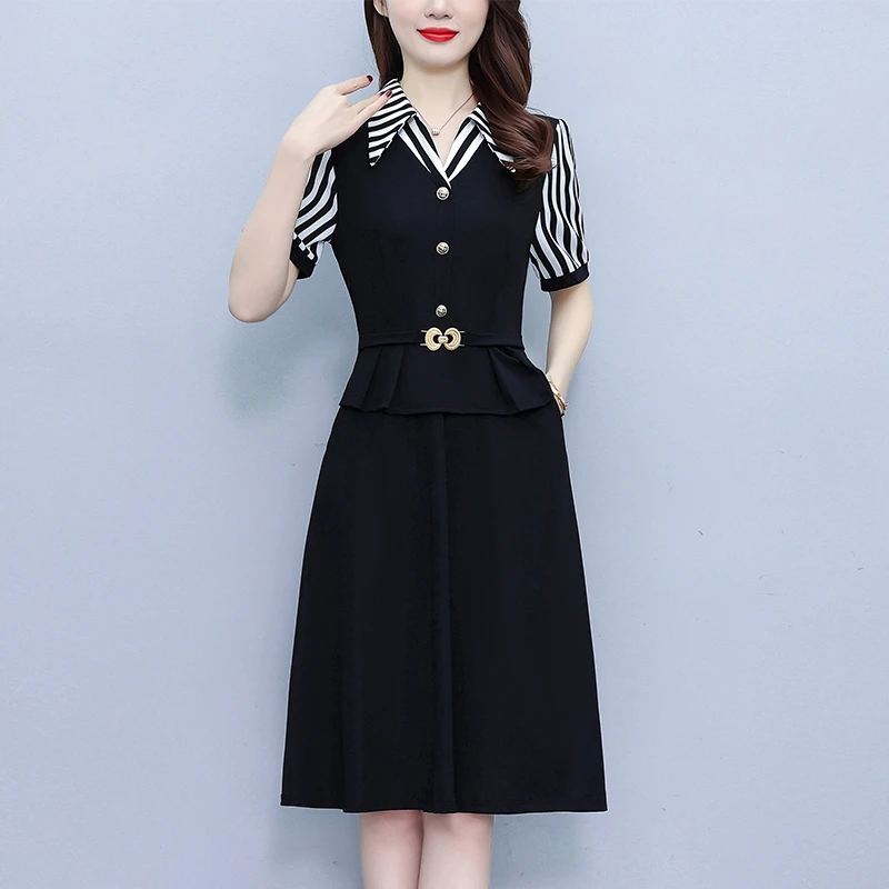 高档条纹西服领拼色连衣裙时尚气质遮肉显瘦2025夏季女装中长裙