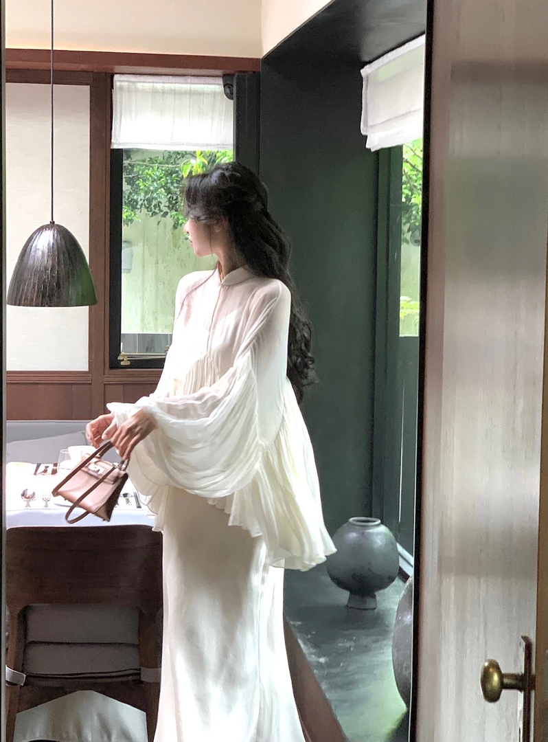 新中式立领大摆仙气上衣V领吊带连衣裙鱼尾长裙套装