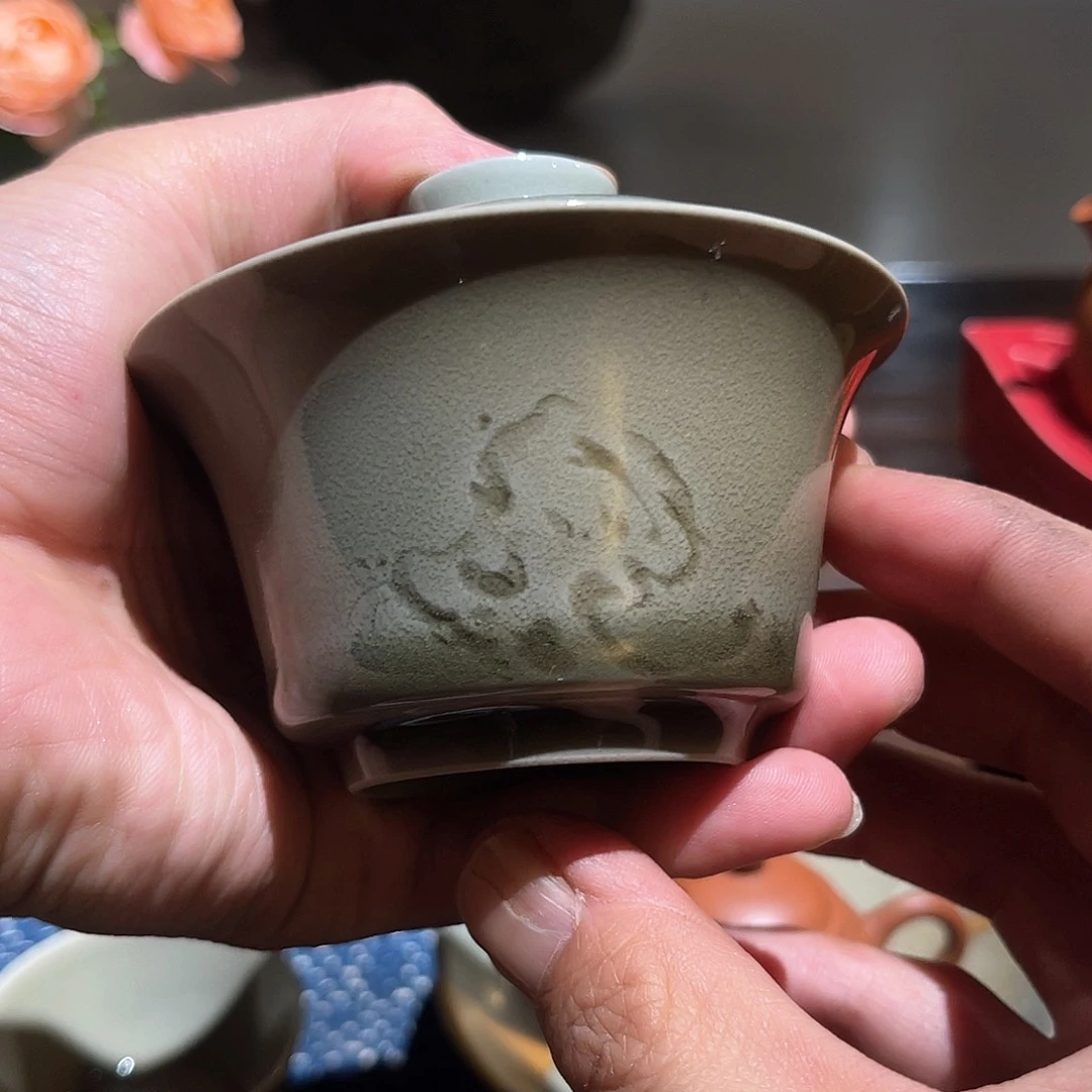 泥塑龙泉窑梅子青窑变盖碗