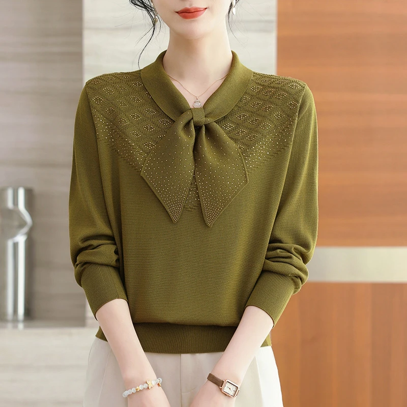 中年妈妈春装女款2025年新款蝴蝶结上衣女春秋薄款打底衫气质小衫