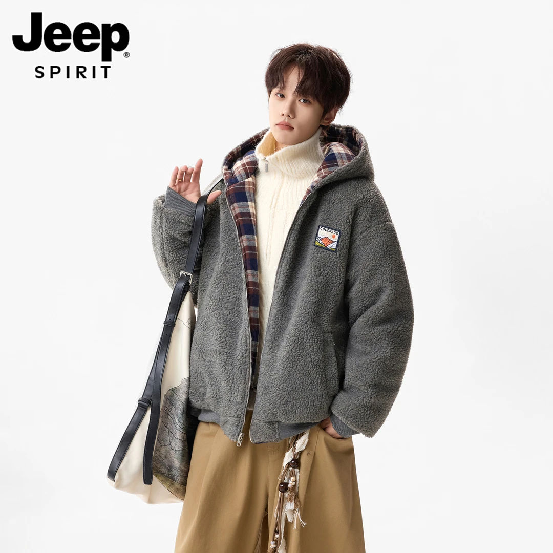 JEEPSPIRIT双面穿毛绒拼接棉服男款60男男男菱形男款无帽棉袄