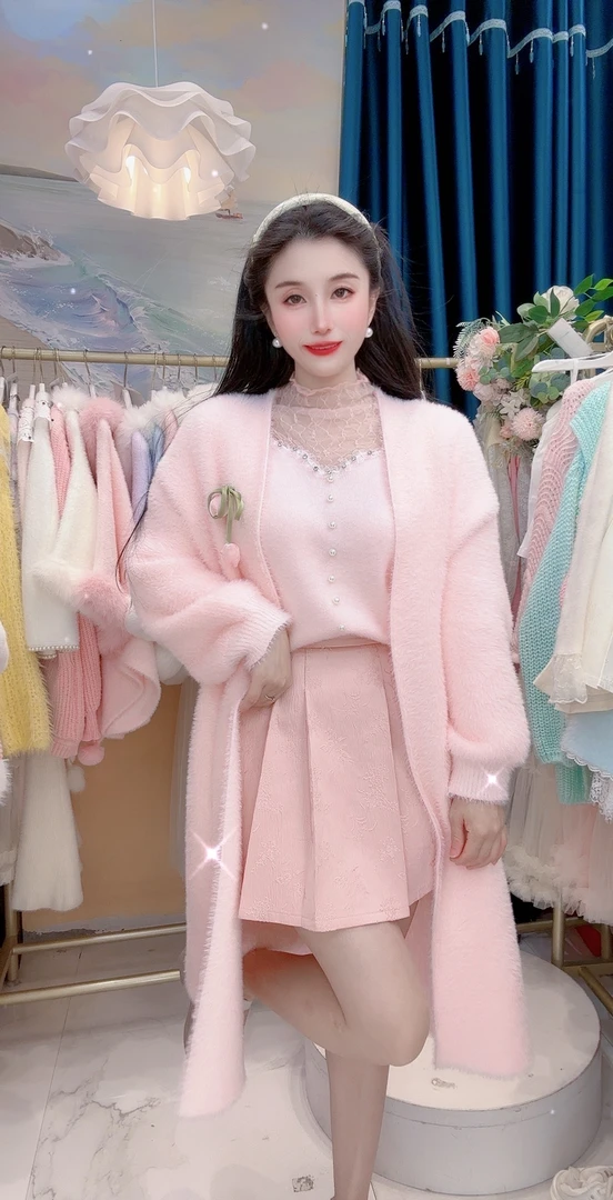 白色钉珠仿水貂绒毛衣提花裙开衫女慵懒风针织外套秋冬季外搭