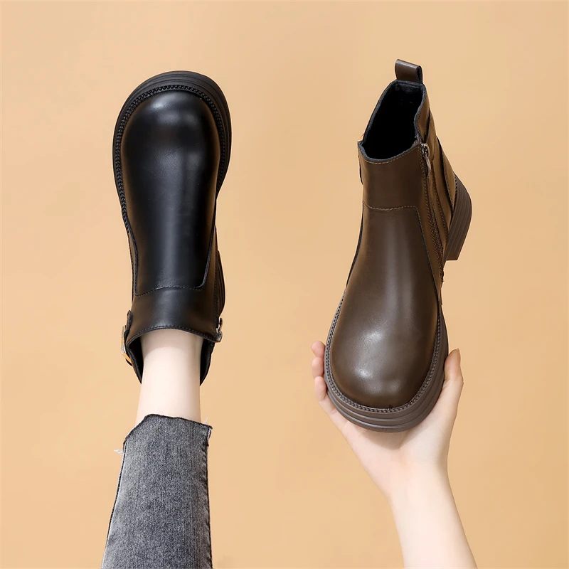 百搭低跟及踝短靴女2025年秋冬新款韩版简约时尚显脚小加绒马丁靴