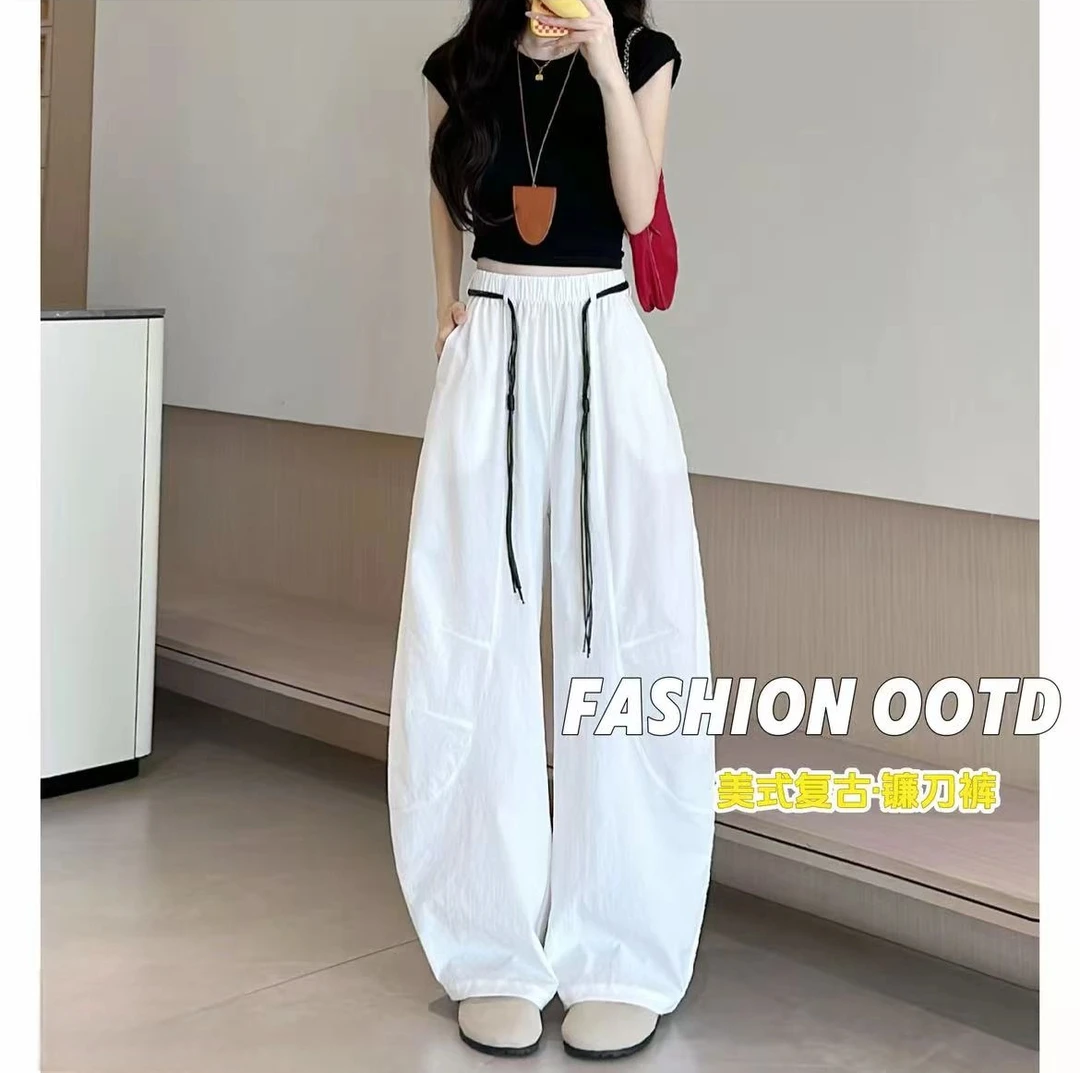 2025送腰绳弯刀裤女夏季高腰显瘦 休闲慵懒休闲阔腿裤