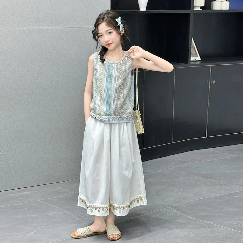 女童民族风套装2025新款夏季时尚中大童镂空背心儿童休闲裤两件套